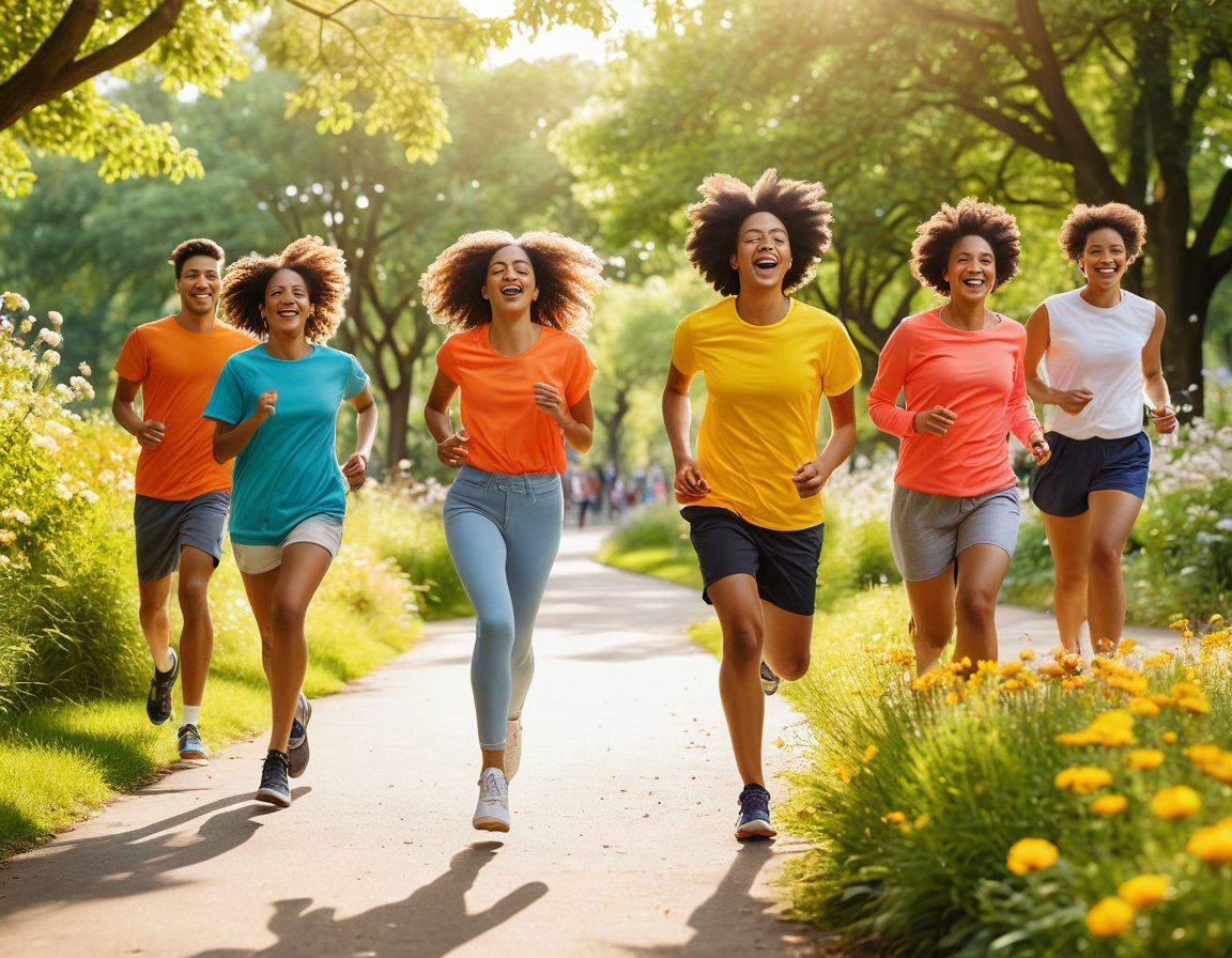 A dynamic scene showcasing a diverse group of young individuals engaged in various activities that highlight vibrant energy, such as dancing, jogging, and laughing together in a colorful urban park. Surrounding them are elements of nature in bloom, with bright flowers and sunlight filtering through the trees, symbolizing youthfulness and vitality. Emphasize a joyful atmosphere with playful expressions and vibrant attire. super-realistic. vibrant colors. sunny background.