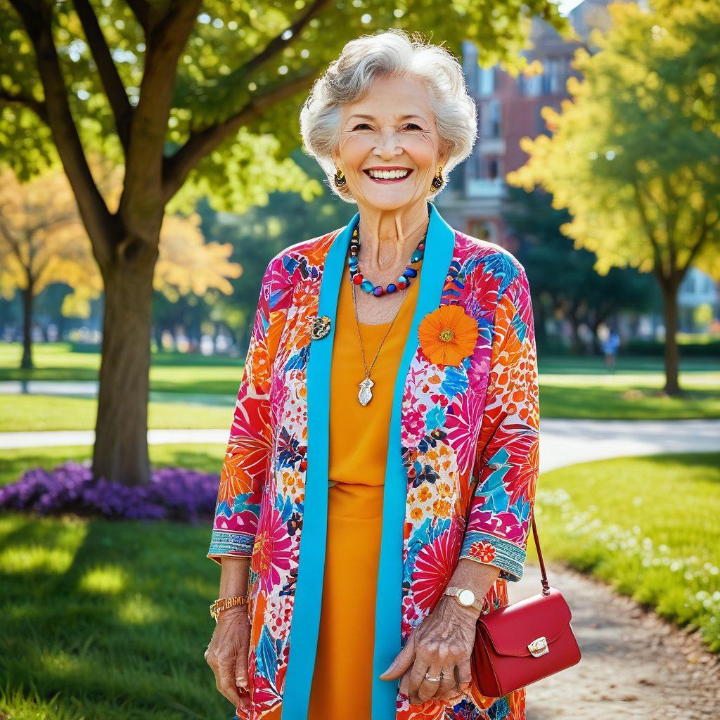 A stylish older woman radiating confidence and charm, dressed in vibrant, fashionable attire, surrounded by blooming flowers that symbolize vitality. Bright, cheerful colors dominate the scene, infused with playful patterns and textures. The background showcases a sunny park atmosphere, highlighting the essence of joy and self-love at any age. Include elements like colorful accessories and warm, inviting smiles. super-realistic. vibrant colors. sunny setting.