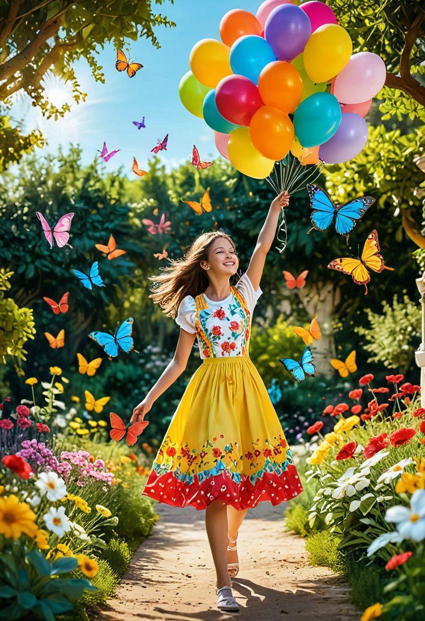 A whimsical garden scene filled with colorful flowers and playful butterflies, showcasing a cheerful young person engaging in a joyful activity, surrounded by soft sunlight and vibrant greenery. The person should represent a youthful spirit, exuding positivity and creativity through their clothing and expression. Incorporate elements of fun, like balloons or kites, to enhance the playful atmosphere. Illustration style: bright, cheerful colors. digital art. whimsical.